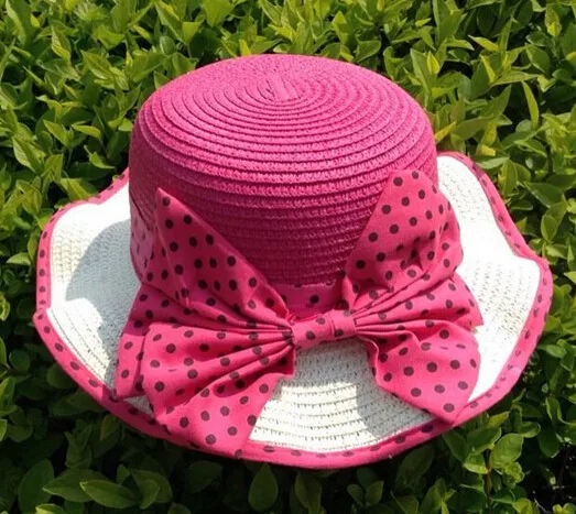 10 шт./партия,, летняя и весенняя соломенная шляпа в Корейском стиле для девочек, Повседневная Панама в горошек, Пляжная Милая шляпа