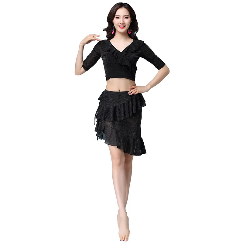

2018 New Women Belly Dance Clothing Costume Girls Practice Elastic Net Outfits Bellydance Sleeved Top and Skirt Lovely