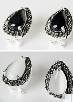

Bridal jewelry free shipping hot sell2 choices VINTAGE 925 STERLING SILVER BLACK AGATE AND WHITE OPAL MARCASITE EARRINGS