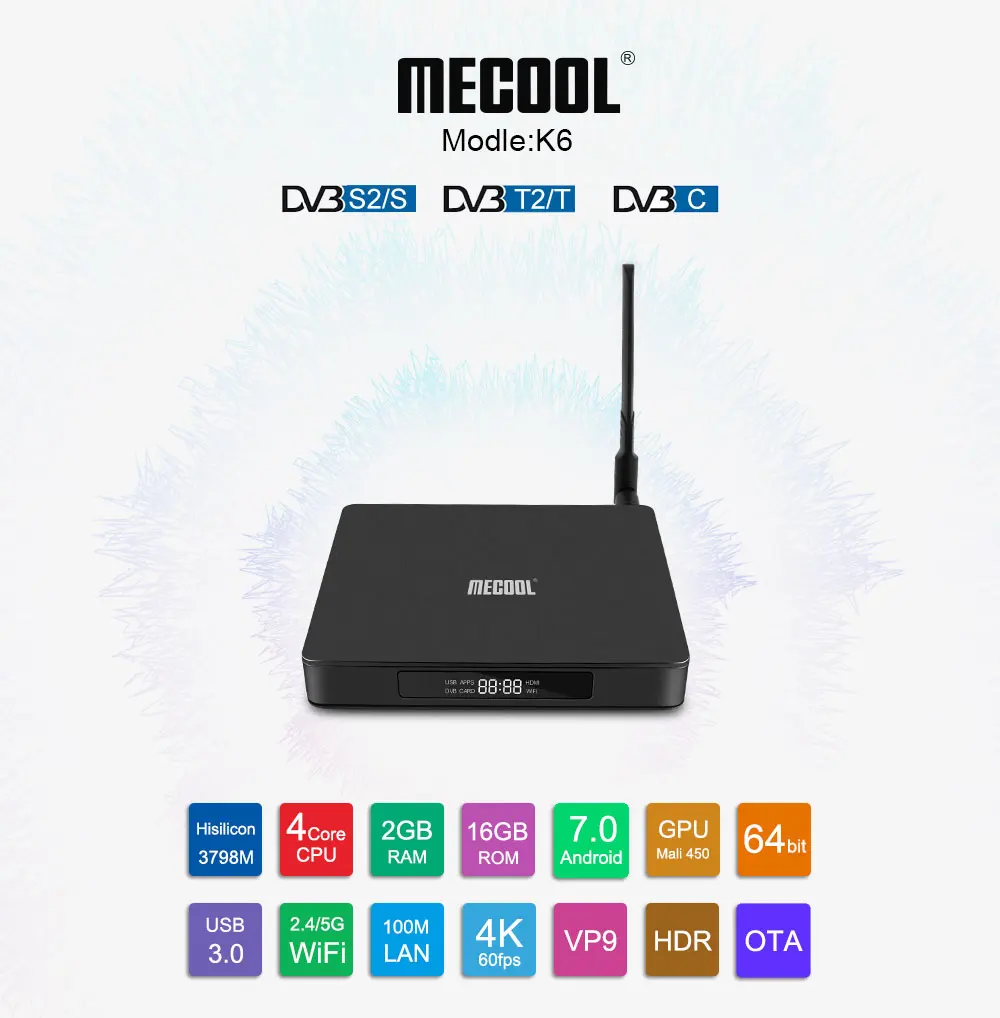 MECOOL K6 DVB-S2 DVB-T2 DVB-C Android 7,0 ТВ коробка Hisilicon Hi3798M, 2 Гб оперативной памяти, 16 Гб встроенной памяти, 64bit 4K 2,4/Wi-Fi 5 ГГц двухъядерный процессор Wi-Fi BT4.1 USB3.0 сверхвысокой четкости 4K Ultra HD