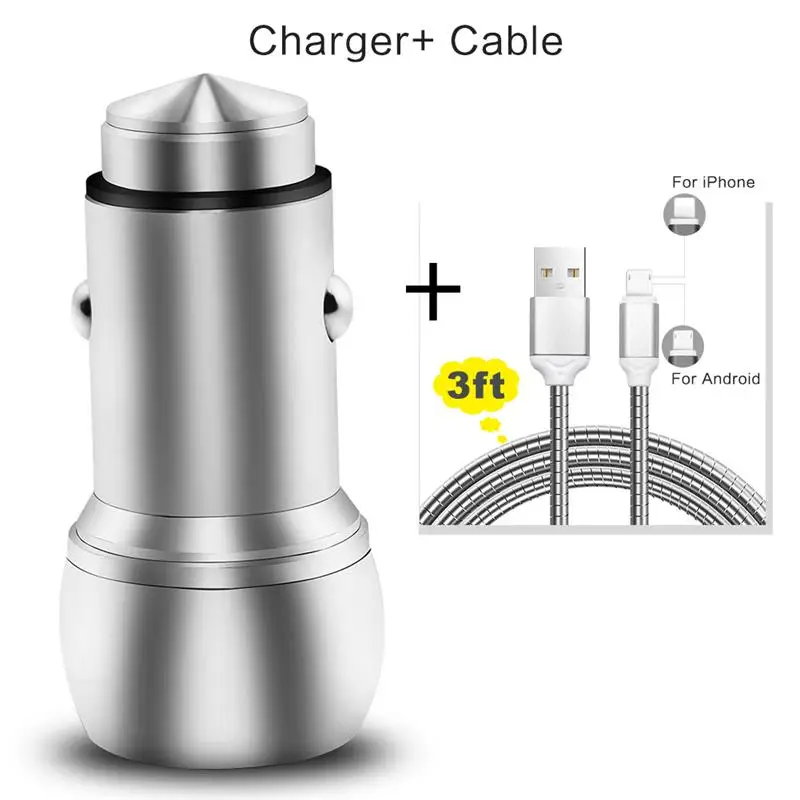 YFW 3.4A Car Charger&Cable Dual USB Fast Charging Car Charger Stainless