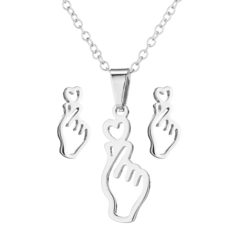 Корейская мода палец сердце серьги рука ожерелье кулон для женщин трендовая нержавеющая сталь показать вашу любовь сердце ювелирный набор
