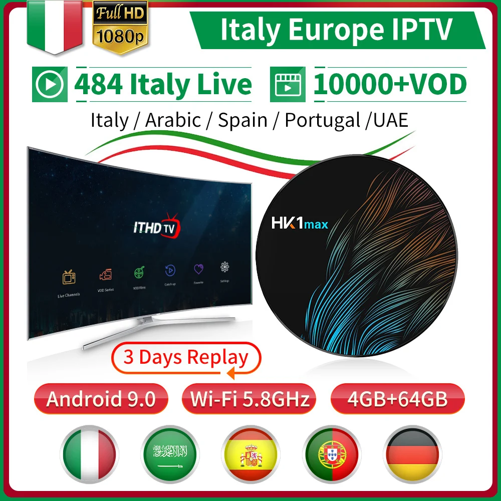 

ITHDTV IPTV Italy Code France Arabic Portugal Turkey Spain HK1 MAX Android 9.0 BT Dual-Band WIFI IPTV Italy France Arabic IP TV