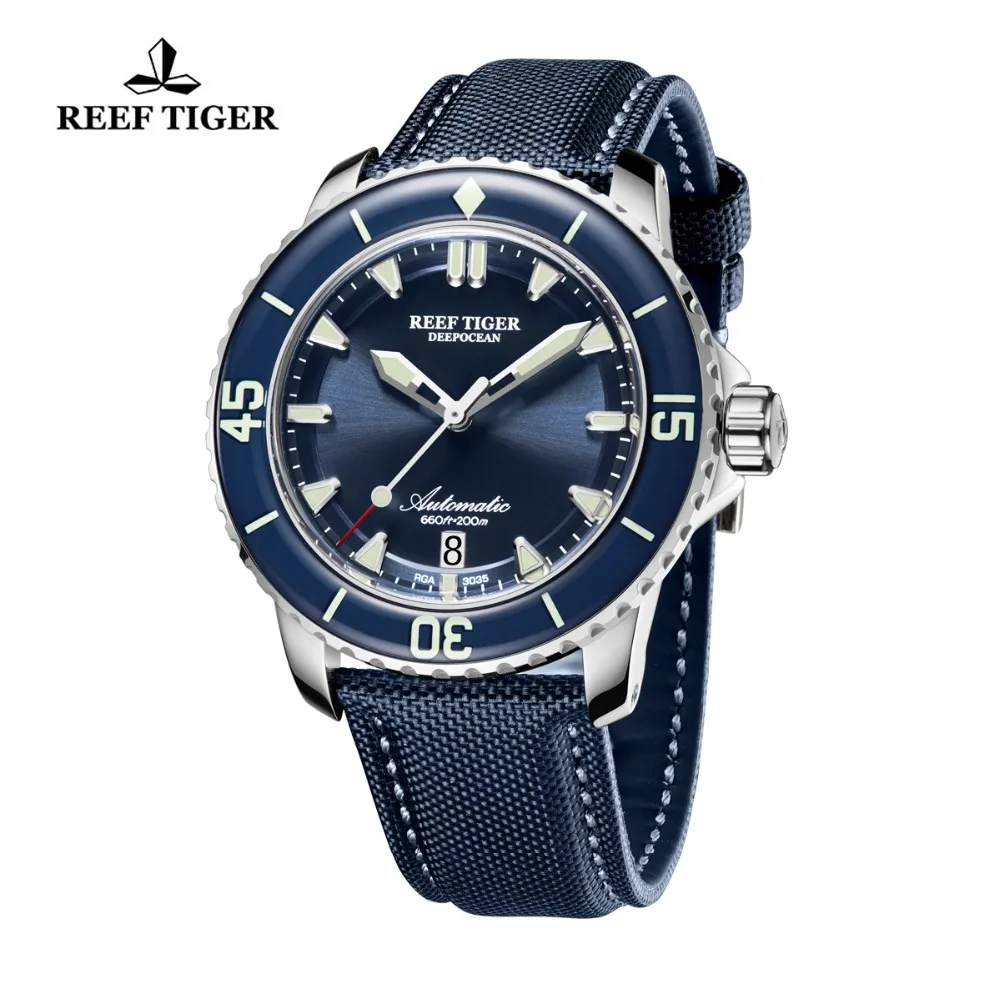 Reef Tiger/RT Super Luminous Dive Watches Mens Blue Dial Analog Automatic Watches Nylon Strap RGA3035