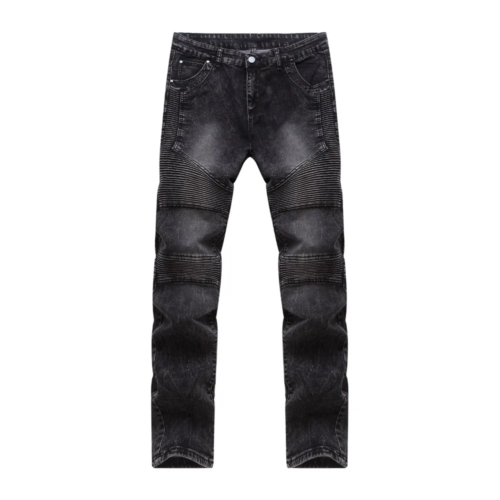 

Men's Fashion Ripped Biker Jeans Men Distressed Moto Washed Pleated Jean Good Quality Slim Fit Skinny Jeans Male Black