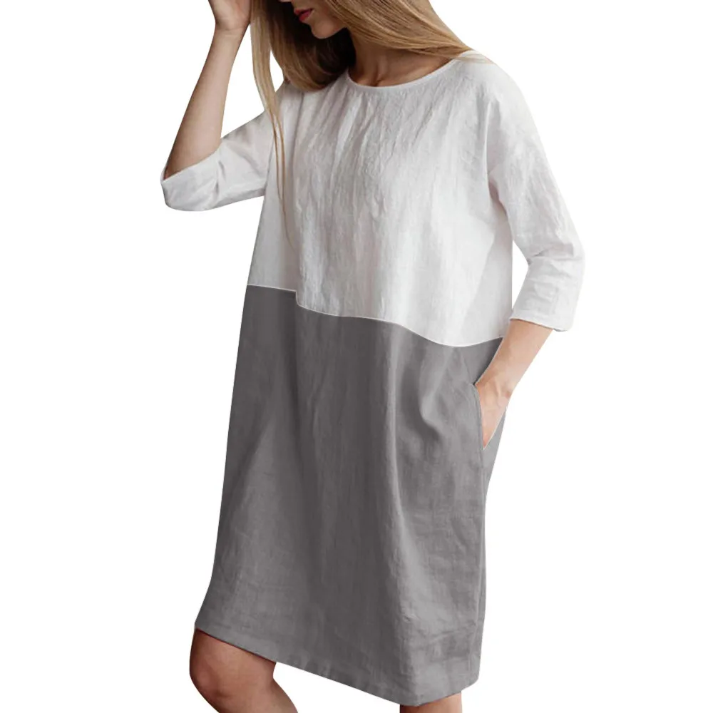 

Dress Women Casual Patchwork 1/2 Sleeved Cotton Linen Loose Pockets Tunic Summer Dress Girl 2019 Fashion