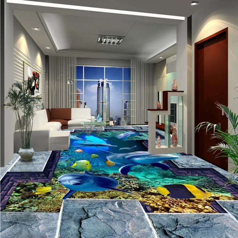 

Dropship Fatman 3d Foto Mural Underwater World Dolphin Floor Wallpaper Bathroom Wallpaper Waterproof Vinyl Flooring Tapety 3d