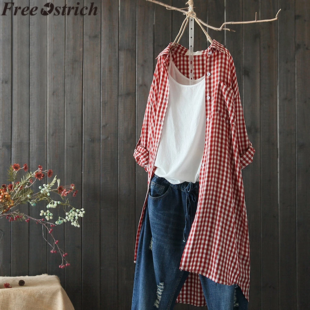 

Women Cotton Long Sleeve Thin Shirt Long Plaid Retro Summer Casual Plus Size Blouse Loose Fashion Button Lapel Ladies Tops
