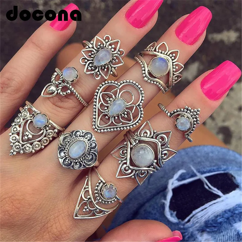 docona Silver Color Hollow Flower White Rhinestone Midi Rings Set for Women Girl Carved Crystal Knuckle Rings Set 9pcs/1set 2041