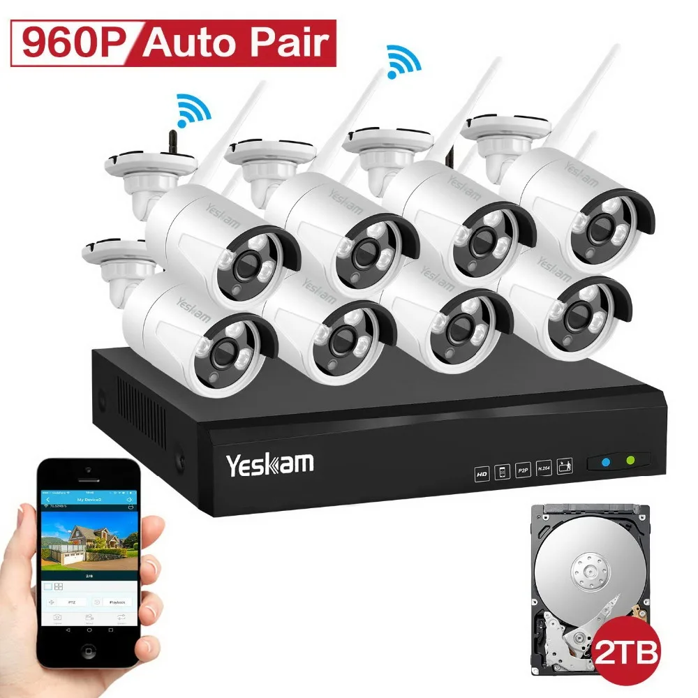YESKAMO 8 channel Wireless Security System 8pieces 960P cameras plug