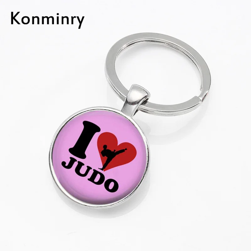 

Konminry I Love Judo Key Chains Holder Colors Background Fashion Design Round Glass Dome Pendant Keyring Women Men Gifts Jewelry