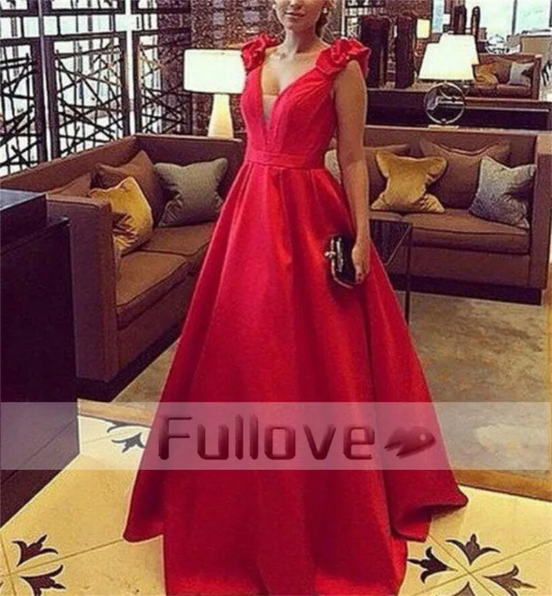 

Noble Red Evening Dress Long 2019 Chest Slit V-Neck Formal Prom Party Dresses A-Line Gown Vestido De Festa Abendkleider Kaftan