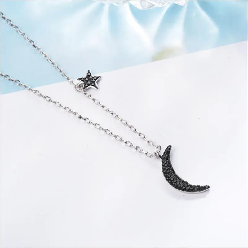 TJP New Fashion Zircon Black Moon Star Female Pendants Necklace Jewelry Women 925 Silver Choker Necklace For Girl Accessories