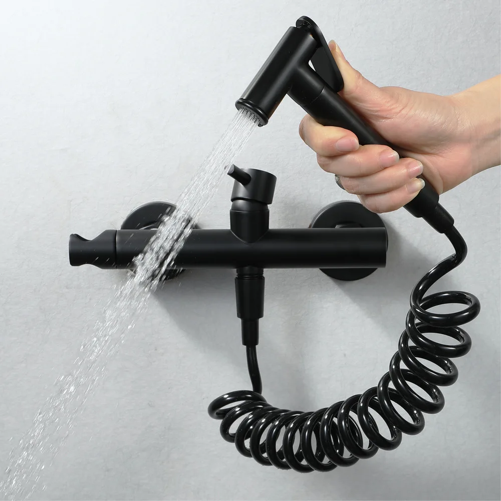 Black Bidet Faucet Wall Mounted Cold Water Faucet 2 Holes Brass Bathroom WC Bidets Sprayer With 1.5m PVC Telescopic Shower Hose