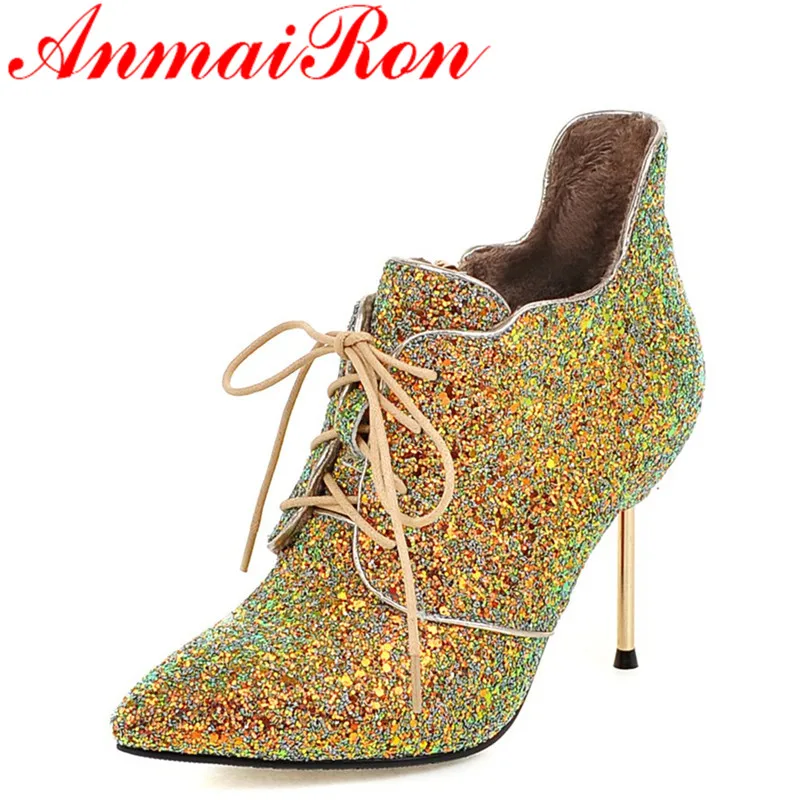 

ANMAIRON New High Heels Pointed Toe Lace-up Shoes Woman Golden Shoes Large Size 34-43 Ankle Boots for Women Winter Warm Boots