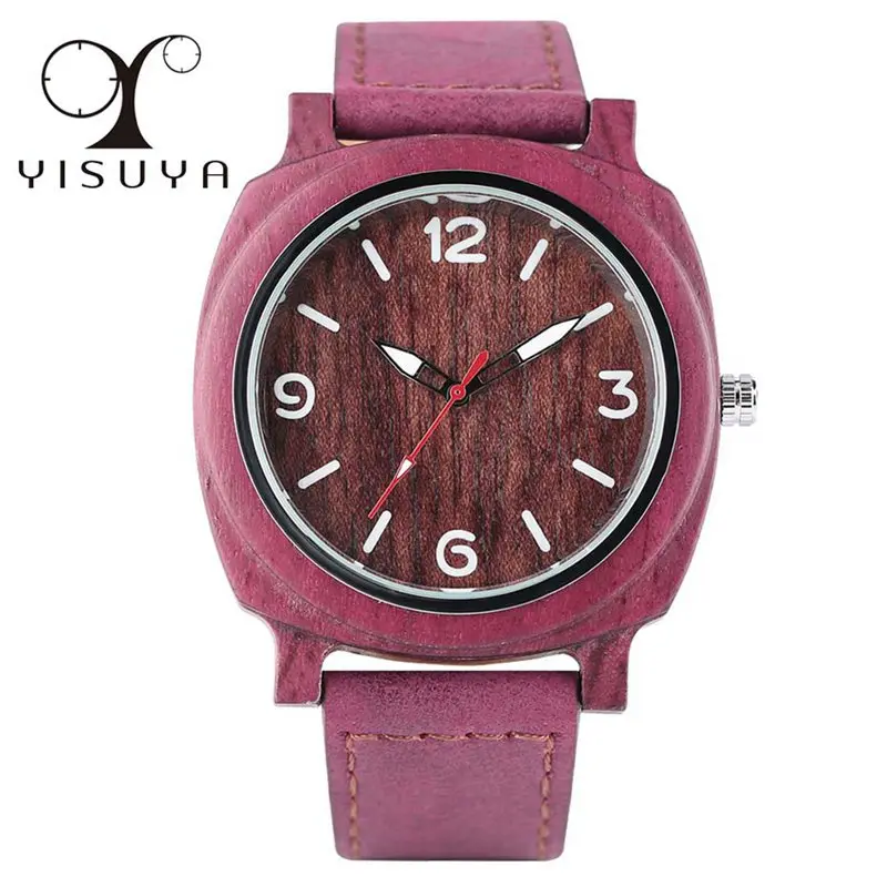 

YISUYA Mens Watch Top Brand Natural Wooden Quartz-watch Unique Rose Red Square Case Women Clock Genuine Leather Reloj de madera