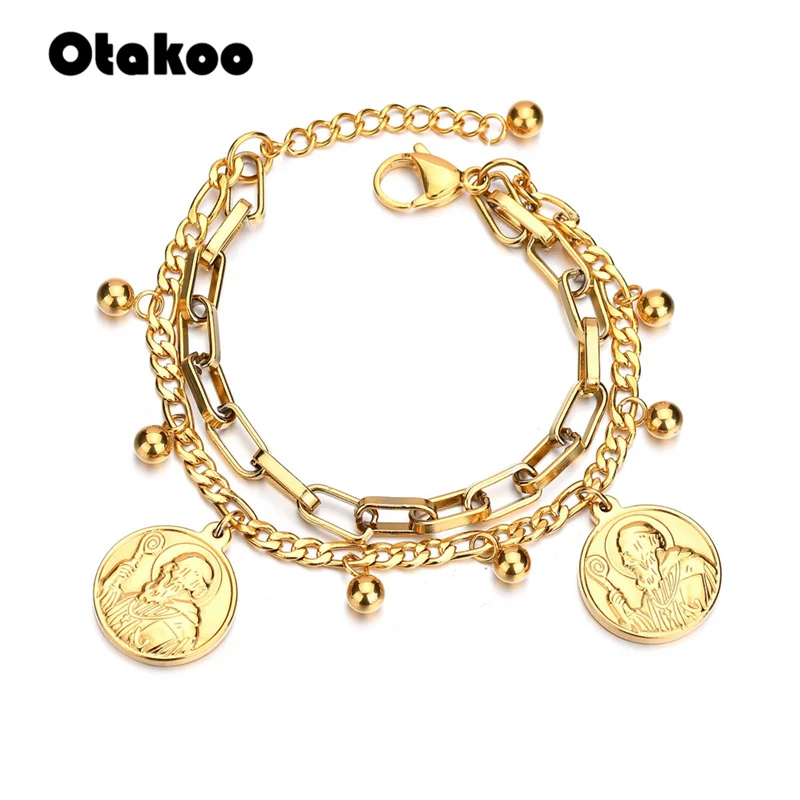 

Otakoo St Benedict Medal Bracelet Women Vintage San Benito Gold Color Stainless Steel for Women Religious Jewelry father Gift