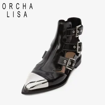 

ORCHA LISA new genuine leather motorcycle ankle boots for women buckle flat stud shoes summer hollow boots bottines femme