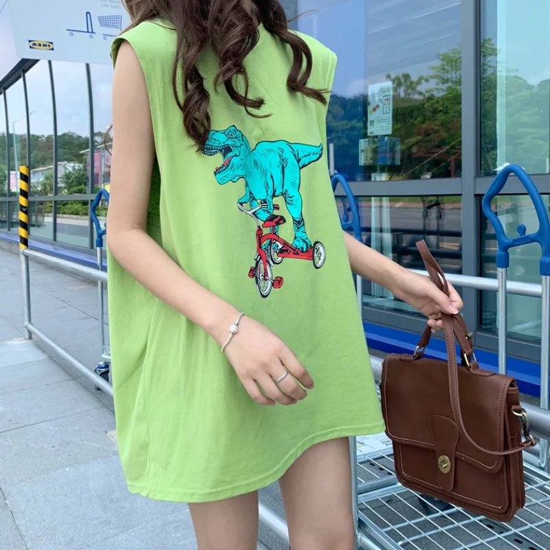 

Harajuku loose long tshirt dinosaur cartoon Print Sleeveless T-Shirt streetwear Women T shirt Female Casual tops 2pecs sets