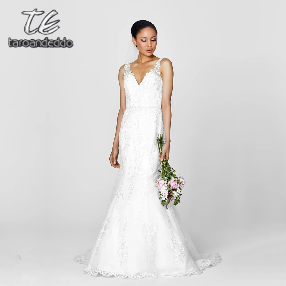 Vestido De Noiva V образным вырезом кружево Свадебные платья Русалка Назад Аппликация
