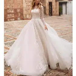 Элегантный Sheer с длинным рукавом кружево трапециевидной формы свадебные платья шлейфом 2019 пуговицы сзади Свадебное платье невесты Vestido De