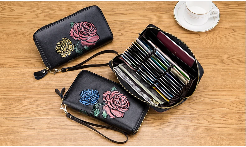 Lomelobo Long Hand Painted Card Wallet Lady Split Leather Rose Flowers Women Purse Girl Business RFID Credit Card Holder HPLA105 Details (12)