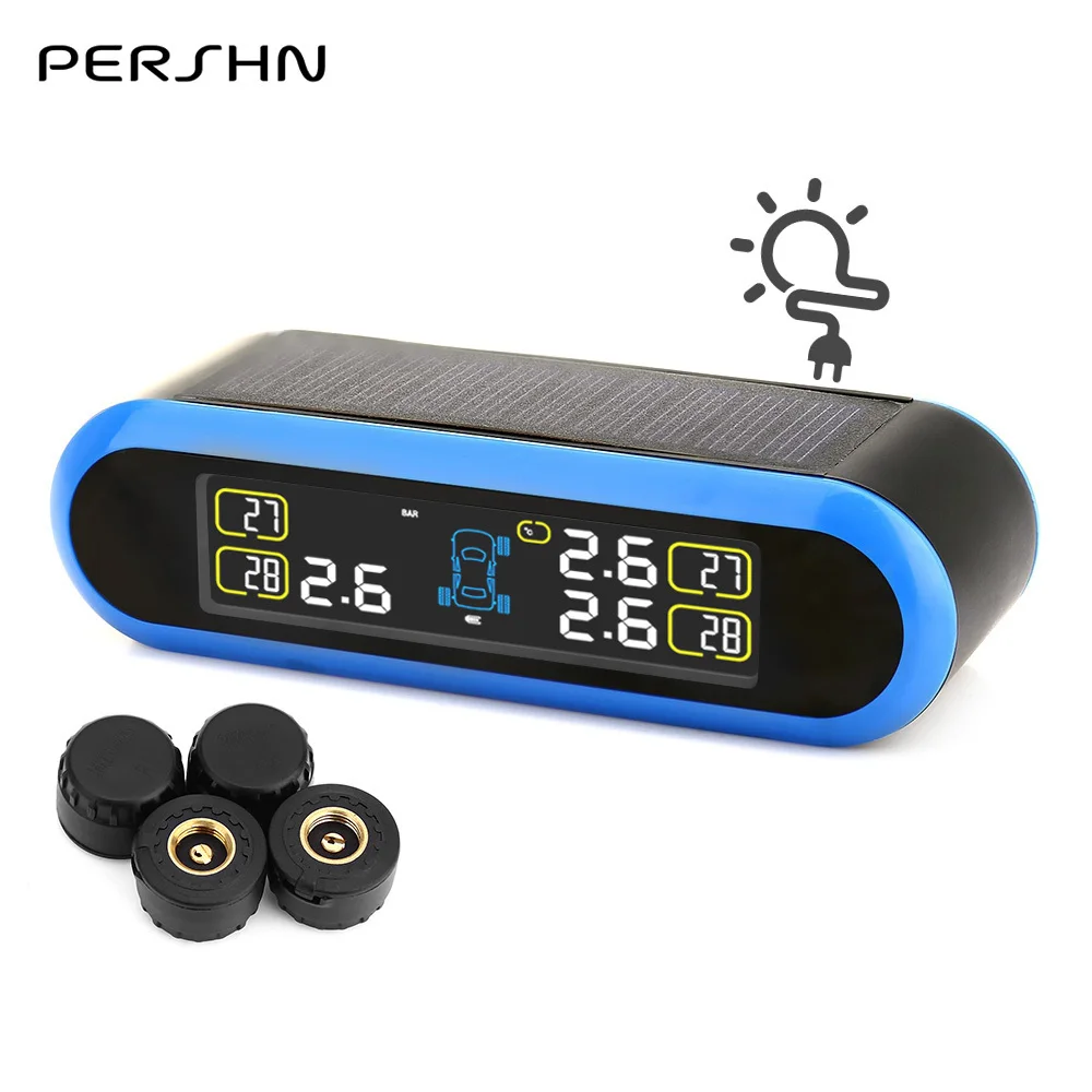 

Pershn TP8 Auto Car Alarm System TPMS 4 Tire Pressure Sensors Wireless Alarm Monitor Monitoring Solar Energy LED Display Screen