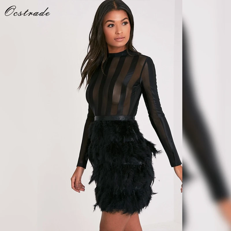 Ocstrade Vestido Бандажное платье Новое поступление сексуальное женское черное перьевое Платье женское Сетчатое облегающее платье с длинным рукавом для вечеринок