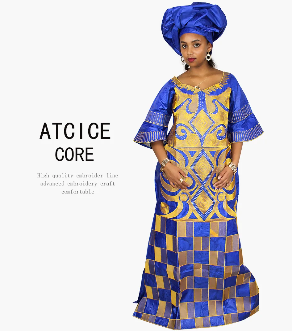 African Dresses For Woman Bazin Riche Computer Emboridery Plus Size Long Dress With Scarf A023 african robe