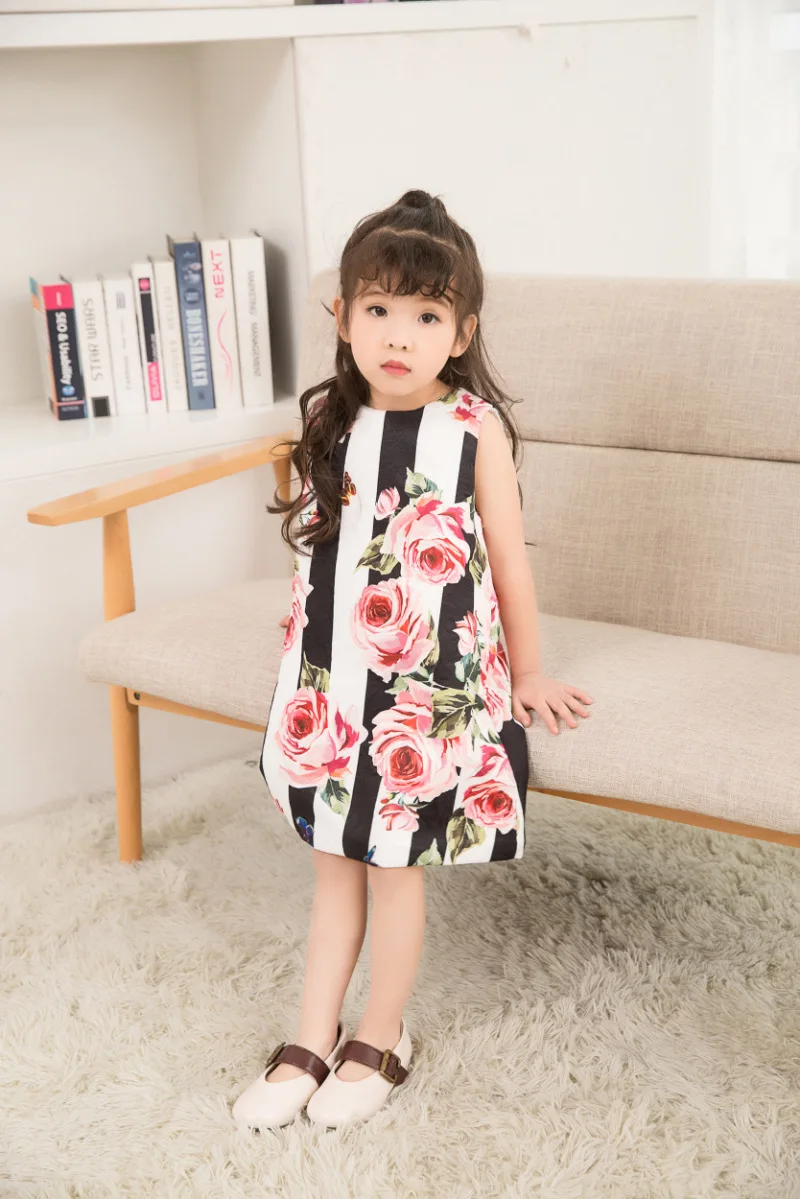 

2019 New Summer Girls Dress Flower Printed Stripe Dresses Party Princess Dress Costume Boutique for Children Girls Clothing