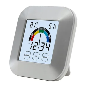 

LED Backlight Indoor Room Small Digital Analog Touchscreen Thermometer Hygrometer Timer Humidity Temperature Monitor Silver