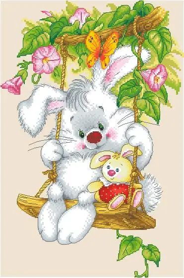 cs-2434 Cross Stitch Kit Sunny Bunny Rabbit on Swing Two Bunnies Rabbits Morning Glory Flower