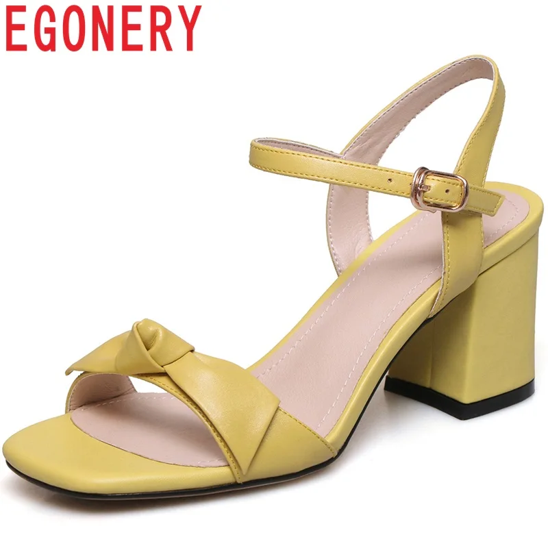 

EGONERY woman Genuine Leather wedding sandals summer fashion girl Yellow white super comfortable soft high heels shoes