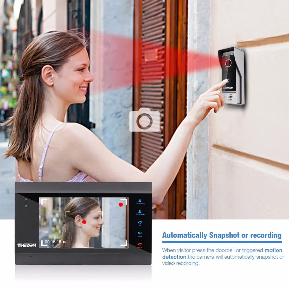 TMEZON 7 Inch Wireless Wifi Smart IP Video Door Phone Intercom System with 4 Night Vision Monitor + 2 Rainproof Doorbell Camera