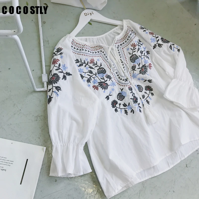 Для женщин топы корректирующие boho Стиль Блузка хлопок вышитые Винтаж леди белая рубашка с расклешенными рукавами женский топ chemisier femme