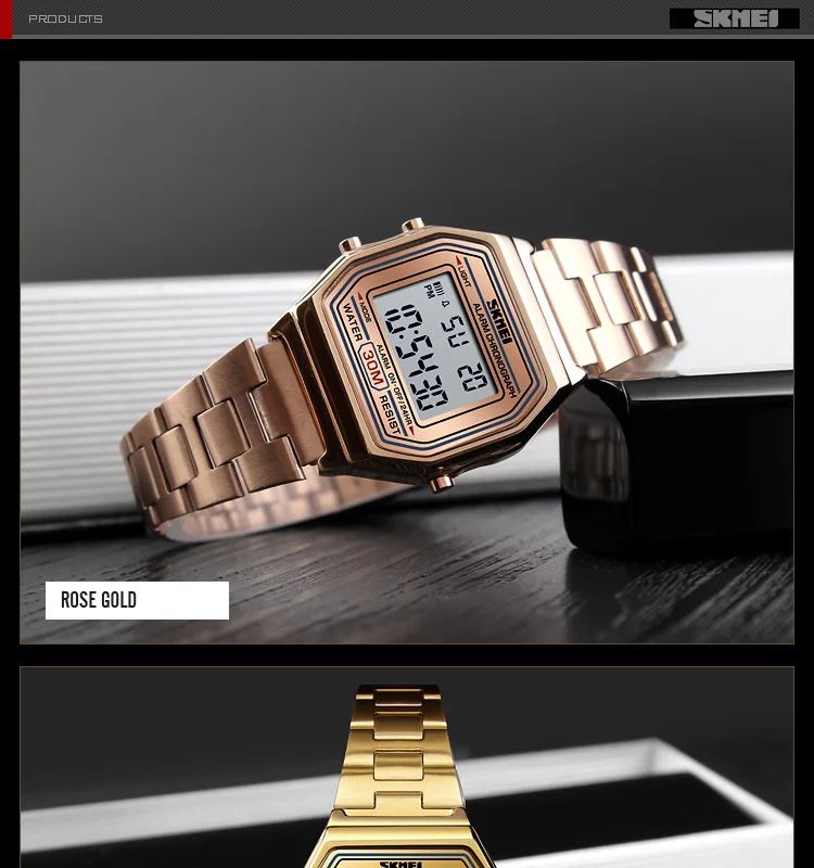 SKMEI1415 роскошные женские повседневные часы со стальным ремешком 12/24 часа цифровые наручные часы 30 м водонепроницаемые женские часы под платье Relogio Feminino