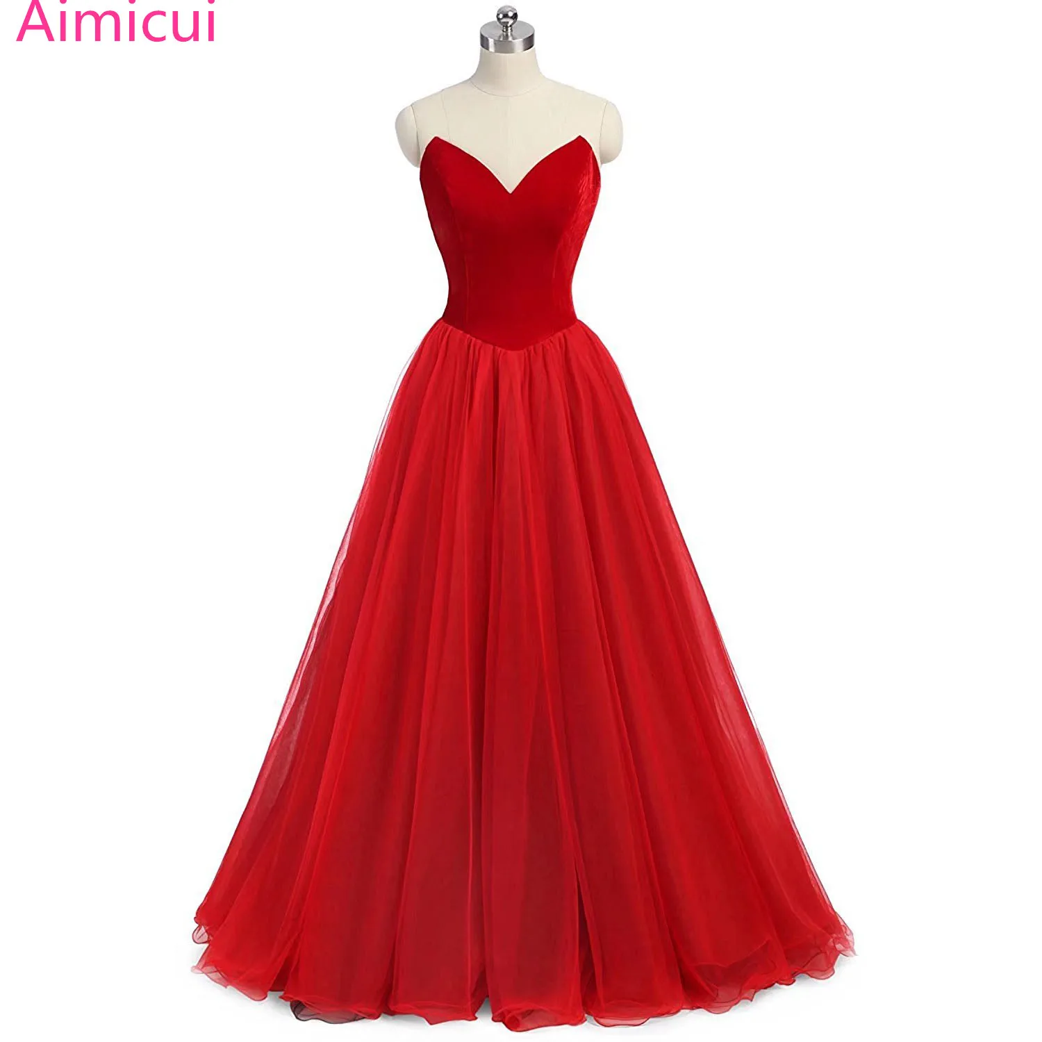 

Red Evening Dress V-Neck A-Line Floor Length Velour Custom Made Prom Dress Party Vestido Longo De Festa Gowns for Women