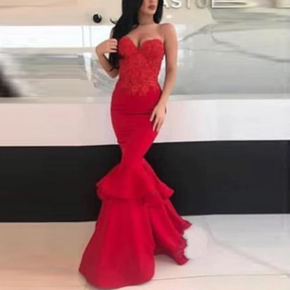 

abiye Sexy Appliques Evening Gowns Red Ruffles Sleeveless Floor-Length Arabic Prom Gowns Mermaid Vintage Vestido De Festa