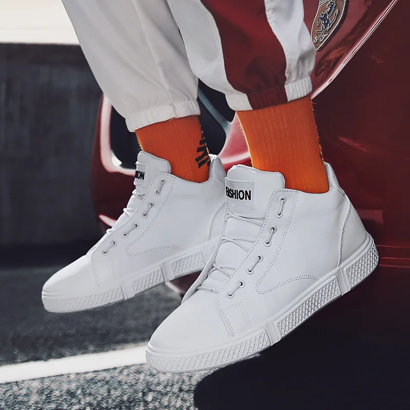 

Solid PU Flat Vulcanize Shoes for Men Rubber Sewing Shoes High Top Lace-Up Winter Boys Students Sneakers Faux Fur