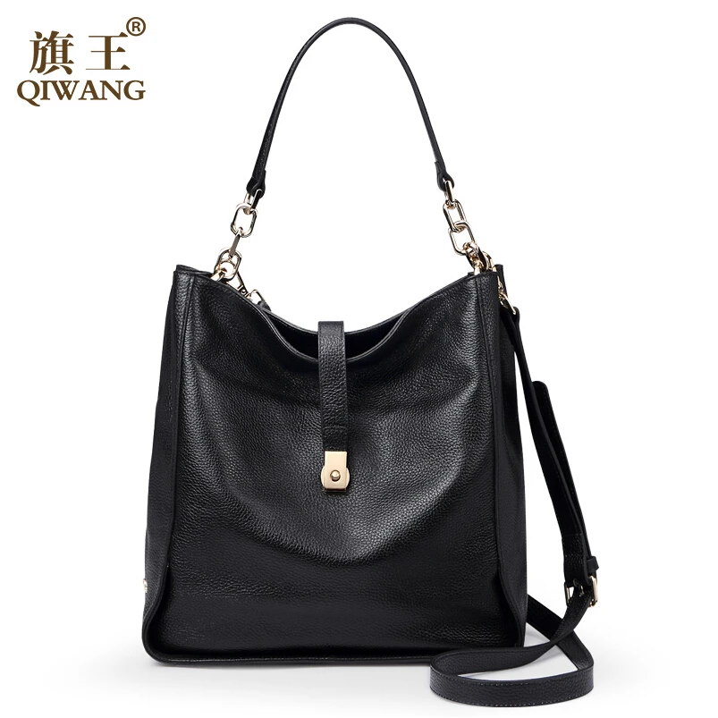 QIWANG 2017 new genuine leather women bag fashion quality head layer cowhide bucket bag Women handbags shoulder bag