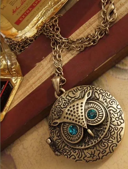 

x120 Retro owl sweater chain necklace round with boxes can be opened
