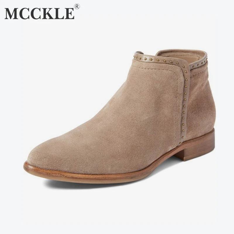 

MCCKLE Plus Size Women Ankle Boots Rivet Low Heel Shoes Flock Short Boot Zipper Rivet Chunky Heels For Ladies Casual Footwear