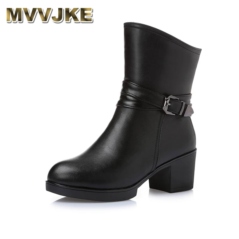MVVJKE New Women Winter Snow Boots Mid-Calf Solid Thick High Heels Genuine Leather Shoes Women Warm Plush Boots Ladies Plus MVVJKE New Women Winter Snow Boots Mid-Calf Solid Thick High Heels Genuine Leather Shoes Women Warm Plush Boots Ladies Plus