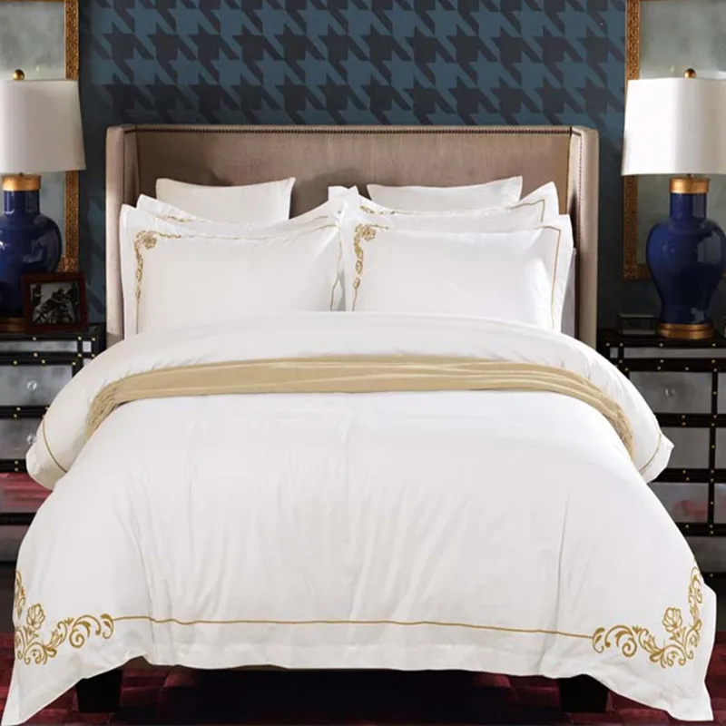 

100% Cotton,High quality Fabric Luxury 5 star Hotel Bedding set Embroidery solid color pure white Sheet, Pillowcase & Duvet Sets
