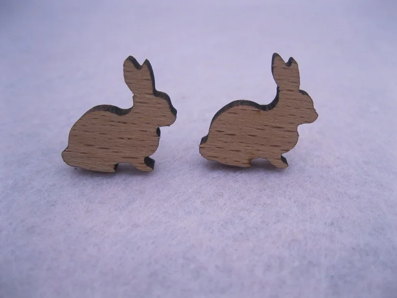 

laser cut rabbit shape wooden stud earrings for women