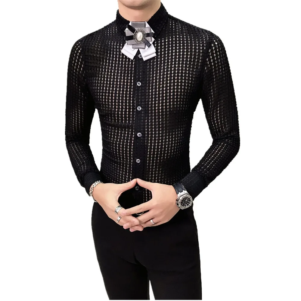 Горячая Распродажа Мужская рубашка Мода 2019 сексуальный полый смокинг Slim Fit