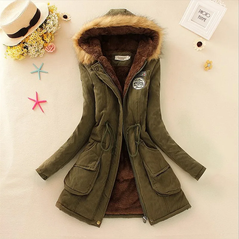 Saimishi, осенне-зимняя куртка, Женская парка, теплые куртки, пальто с меховым воротником, Длинные парки, худи для офиса, леди, хлопок, размера плюс - Цвет: Army Green