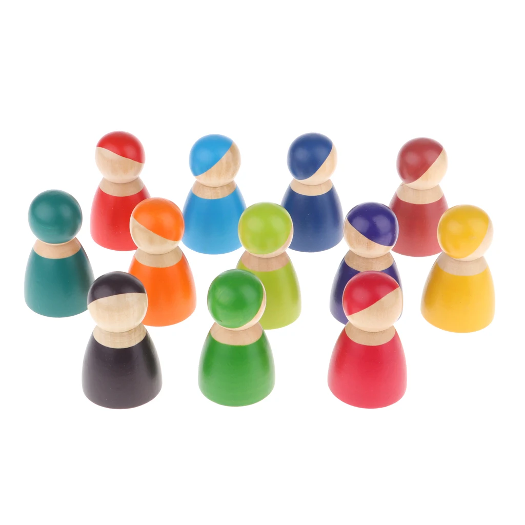 Montessori 12 Pieces Rainbow Friends Wooden Peg Doll People Crafts Painted Peg Dolls Set Kids Toy