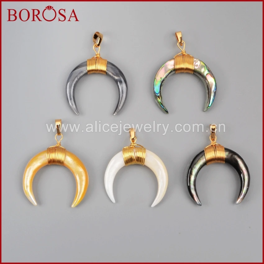 

BOROSA Multi-Kind Shell Gold Wire Wrap Crescent Pendant White Yellow Shell Double Horn Druzy Pendant DIY Jewelry Makings WX020
