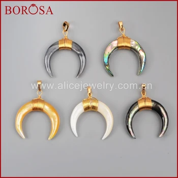 

BOROSA Multi-Kind Shell Gold Wire Wrap Crescent Pendant White Yellow Shell Double Horn Druzy Pendant DIY Jewelry Makings WX020